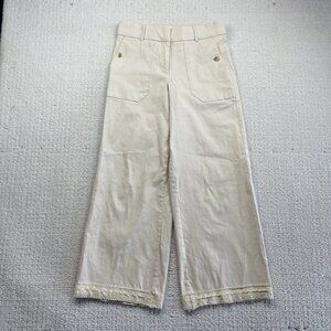 HAVER + BLAIR  Wide-Leg Pants Beige / Off-White Lace trim Hem French Wom Sz M